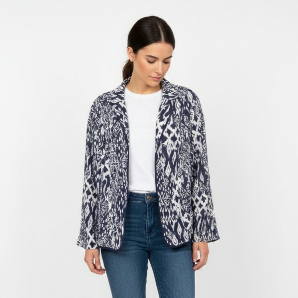 Coldwater Creek Blue White Abstract Floral Jacket Boho Summer 22
